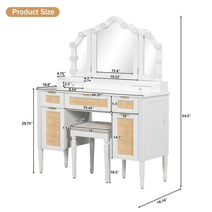 English Elm 44.37 Inch Hollywood Led Vanity Desk Tri-fold Mirror Bamboo Drawers Bedroom White N704P342558K