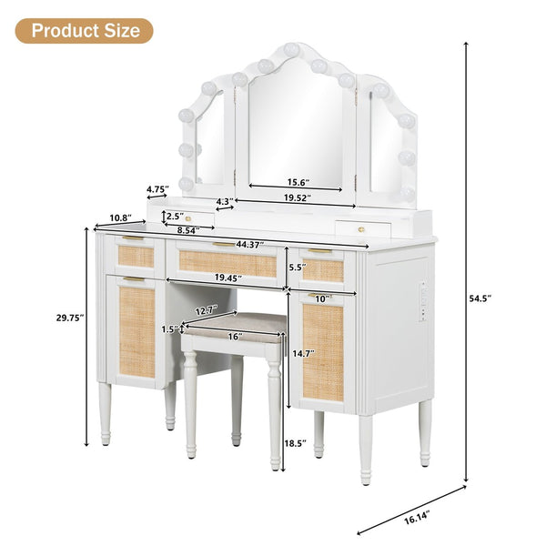 English Elm 44.37 Inch Hollywood Led Vanity Desk Tri-fold Mirror Bamboo Drawers Bedroom White N704P342558K