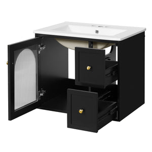 English Elm 24" Modern Wall-Mount Bathroom Vanity with Ceramic Sink, Glass Door Cabinet, 2 Drawers, Soft-Close Black N710P286704B