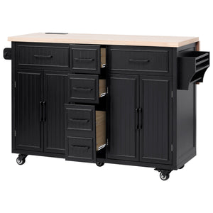 English Elm K&K 56.5" Kitchen Island with Drop Leaf, Embossed Vertical Stripe Barn Doors, Wheels & Charging Hub Black N707P263094B