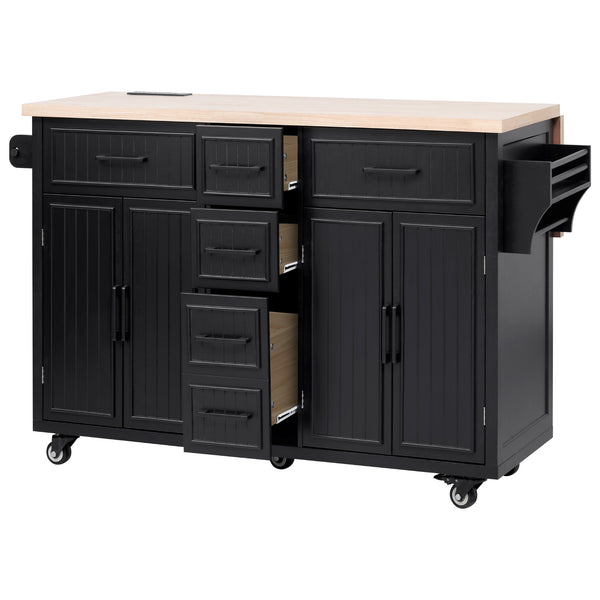 English Elm K&K 56.5" Kitchen Island with Drop Leaf, Embossed Vertical Stripe Barn Doors, Wheels & Charging Hub Black N707P263094B
