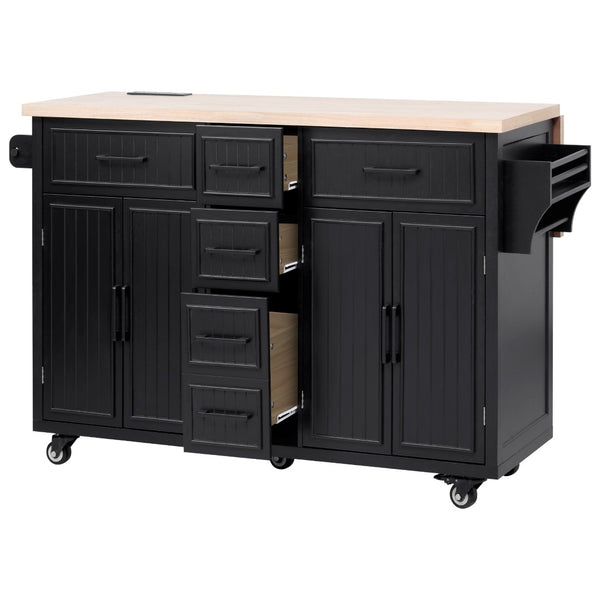 English Elm K&k Farmhouse Rolling Kitchen Island Drop Leaf Power Outlet Five Drawers Cabinet Storage Black N707S263094B