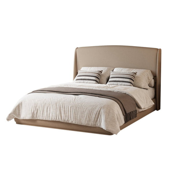 English Elm Upholstered Queen Platform Bed Curved Wingback Linen Headboard Modern Bedroom Frame Brown N733S439498N