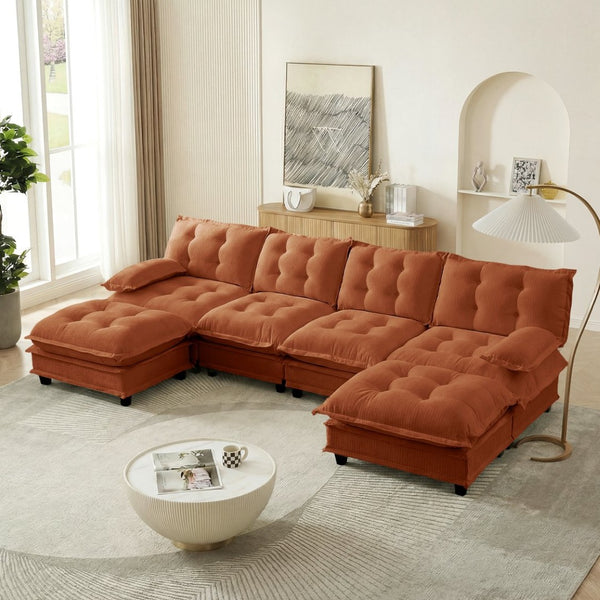 English Elm 138" U-shaped Chenille Cloud Sectional with Ottomans Deep Seat Modular Living Room Sofa Orange W714S01742