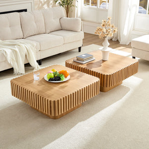 English Elm Modern 31.5 Inch Handcraft Drum Coffee Table Square Wooden Top with Sturdy MDF Pedestal, Chic Style Natural W2582P360255
