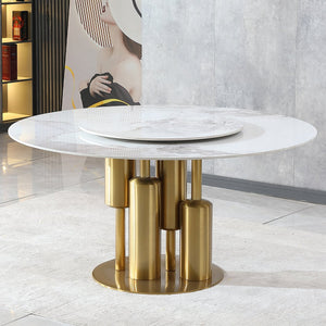 English Elm Modern Marble Dining Table with 59" Sintered Stone Top, 360° Lazy Susan, Durable Stain-Resistant Finish Gold,Gold+White W2699S00009