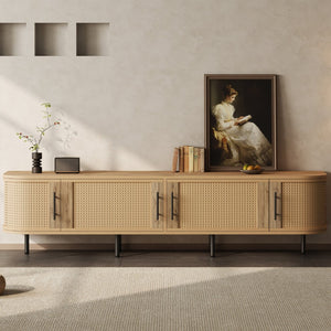 English Elm 70inch Rattan Door Media Console with Iron Legs Natural Wood Finish Living Room N710P429509P