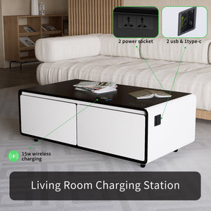 English Elm Modern Smart Coffee Table with Built-in Dual Fridge, Bluetooth Speakers, 15W Wireless Charge, RGB Lights White+Black W1172P320208