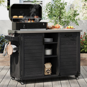 English Elm K&k Outdoor Rolling Kitchen Island Fir Wood Stainless Steel Top with Foldable Prep Station Black N707P370276B