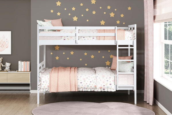 English Elm Twin Twin-over-Twin Bunk Bed with Guard Rails and Integrated Ladder, Oak-Veneer Durable Frame, Space-Saving Design White 44 L x 34.5 W x 7 H B011S01857