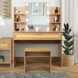 English Elm Vanity Desk Set Stool & Dressing Table With Led Lighting Mirror Drawer and Compartments Modern Wood Cosmetic Table Chest Of Drawers Nature Color