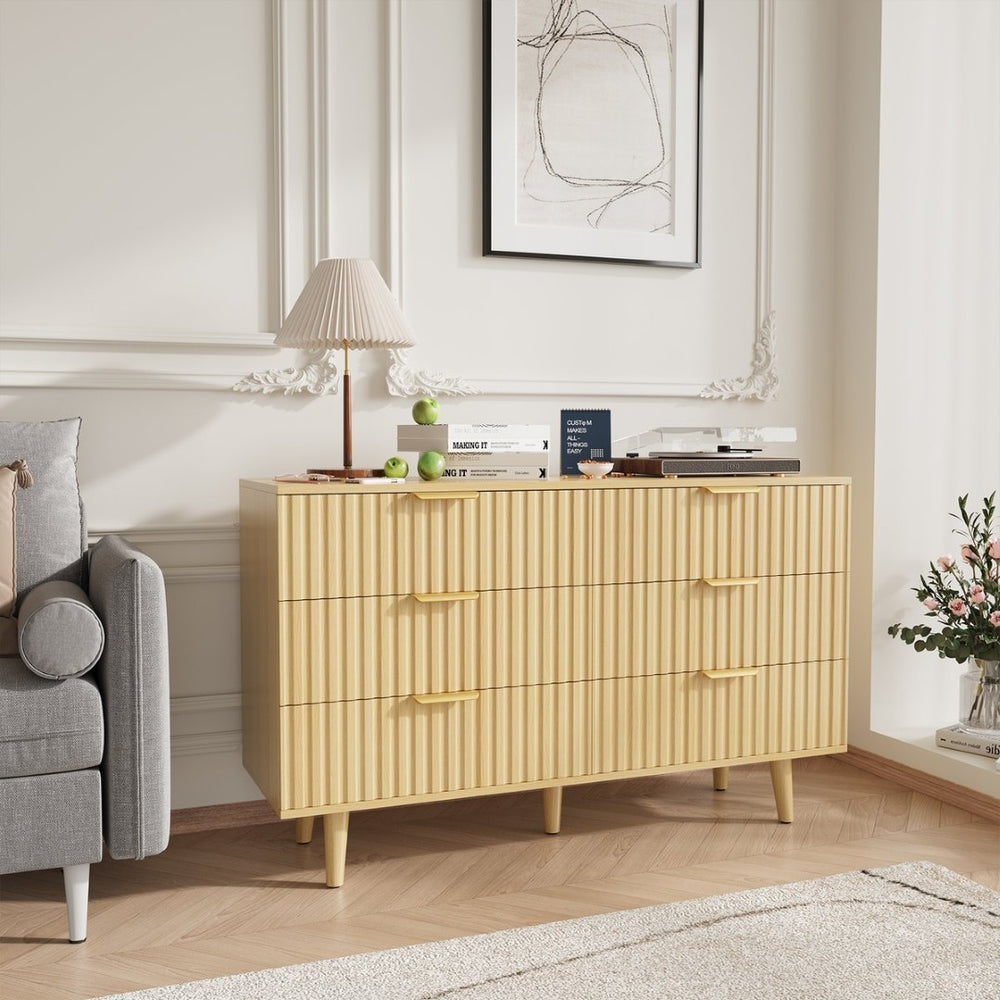 English Elm 6 Drawer Fluted Wood Dresser Natural Finish Compact Chest for Nursery or Bedroom T3773P415651