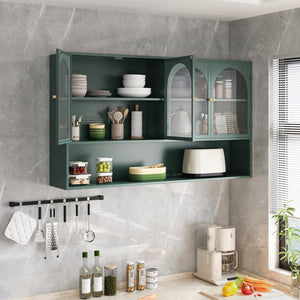 English Elm 47.25" Four-door Glass Wall Cabinet Storage - Dark Green Iron & Tempered Glass, Space-Saving Rustic Chic W757P250949