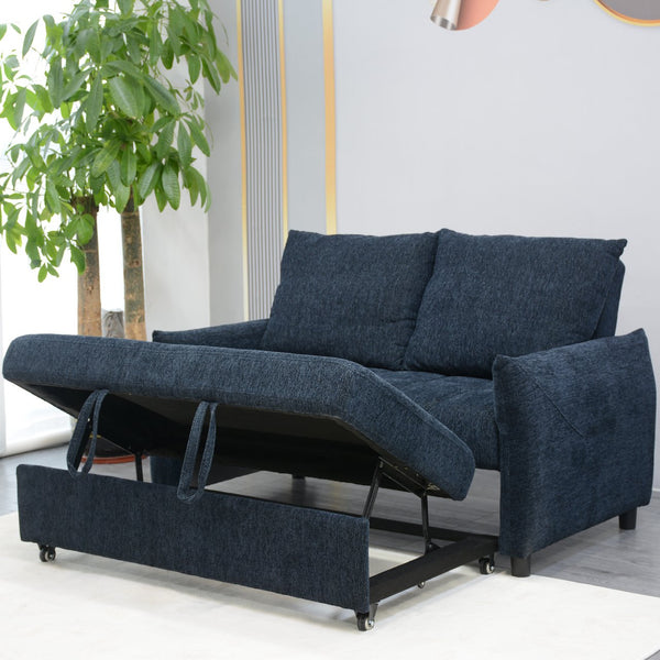 English Elm 57.48" Navy Line Velvet Sofa Bed with Adjustable 3‑Angle Backrest, Memory Foam Chaise, Modern Loveseat Sleeper (Navy) W1183S00023