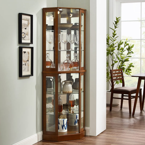 English Elm 6 Shelf Corner Curio Cabinet with Interior Lighting, Mirrored Back, Glass Shelves for Displays Walnut W1693P165021