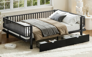 English Elm Queen Storage Platform Bed Low Profile Metal Frame with Built-in Drawers for Small Spaces Black W5305P471352