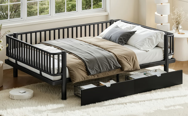 English Elm Queen Storage Platform Bed Low Profile Metal Frame with Built-in Drawers for Small Spaces Black W5305P471352