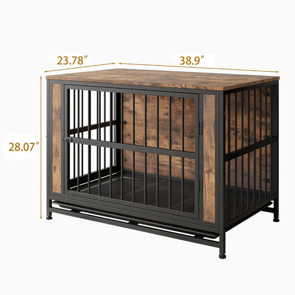 English Elm Dog Crate Furniture Table with Dual Sliding Doors Rustic Wood Mdf Pet House W840P203068
