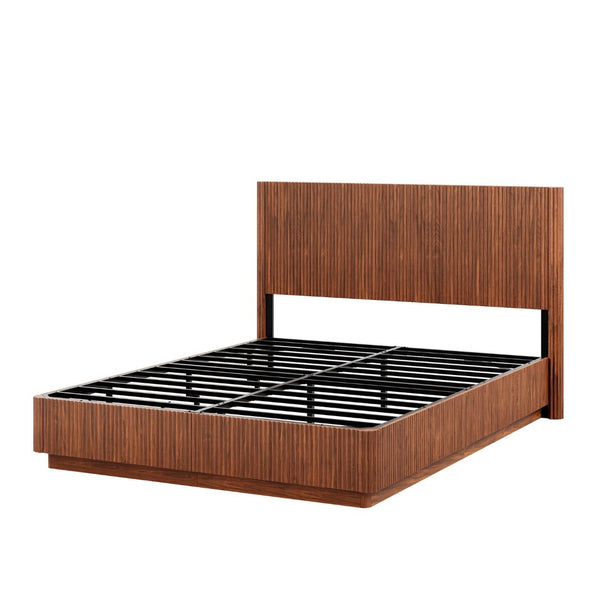 English Elm Queen Bed Frame with Led Lighting Curved Groove Panels and Floating Base Modern Bedroom Walnut W1820S00049