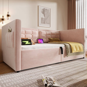 English Elm Upholstered Twin Daybed with Hydraulic Storage, Velvet Tufted Sofa Back, USB & Type-C Charging Port Pink N736P303402P