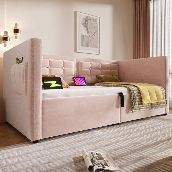 English Elm Upholstered Twin Daybed with Hydraulic Storage, Velvet Tufted Sofa Back, USB & Type-C Charging Port Pink N736P303402P