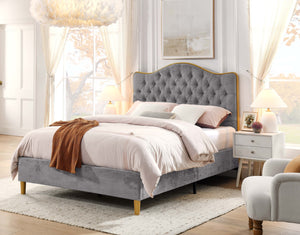 English Elm Luxelegance Tufted Upholstered Queen Bed Frame with Curved Headboard, Sturdy Wood Frame & Plush Finish Gray B343P383338