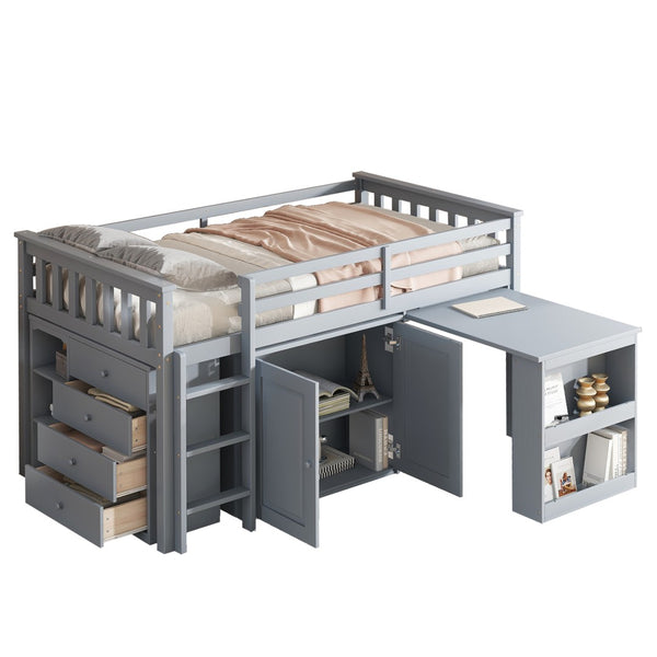 English Elm Twin Loft Bed With Pull-Out Desk And Storage, Solid Rubberwood Design For Kids' Rooms In Grey W504S00209-GIGA