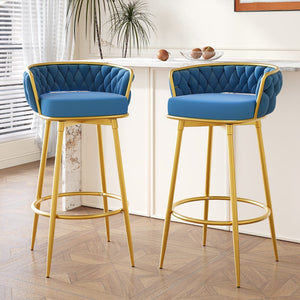 Christopher Knight Home® - Noble House - - Swivel Counter Height Bar Stools Set Of 2, 31." Bar Height Stools With Hand-Woven Backrest & Gold Metal Legs, Modern Low Back Upholstered Kitchen Chairs With Footrest For Island, Dining Room,Blue