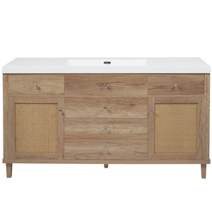 English Elm 60" Boutique Bathroom Vanity Rattan Doors Soft Close Drawers Smc Sink Pine Legs Natural Wood N817P397678N