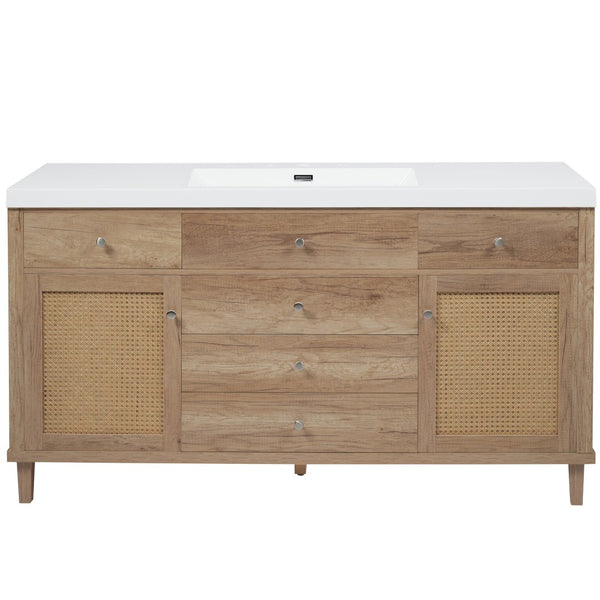English Elm 60" Boutique Bathroom Vanity Rattan Doors Soft Close Drawers Smc Sink Pine Legs Natural Wood N817P397678N