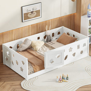 English Elm Twin Floor Bed with Safety Guardrails & Door in White — Solid Poplar Frame, Low Profile, Kids' Cozy Hideaway W1820P240540