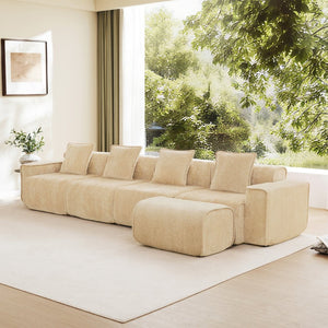 English Elm Streamlined Modular L-shaped Sectional Velvet Sofa with Ottoman and Tailored Piping Detail Light Camel W3041S00355