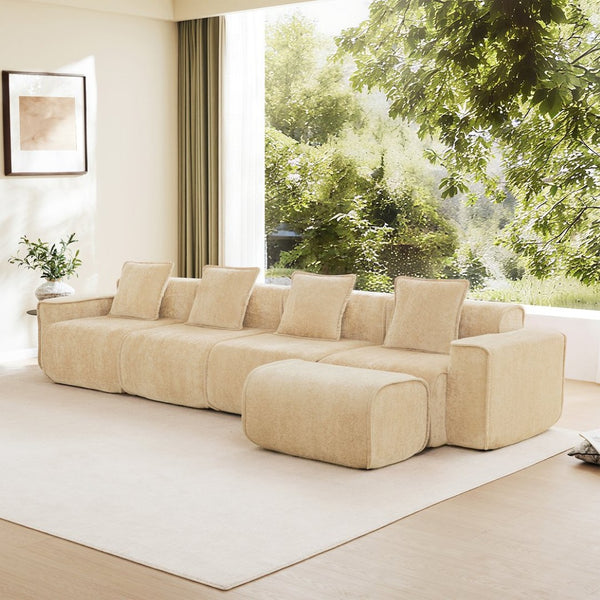 English Elm Streamlined Modular L-shaped Sectional Velvet Sofa with Ottoman and Tailored Piping Detail Light Camel W3041S00355