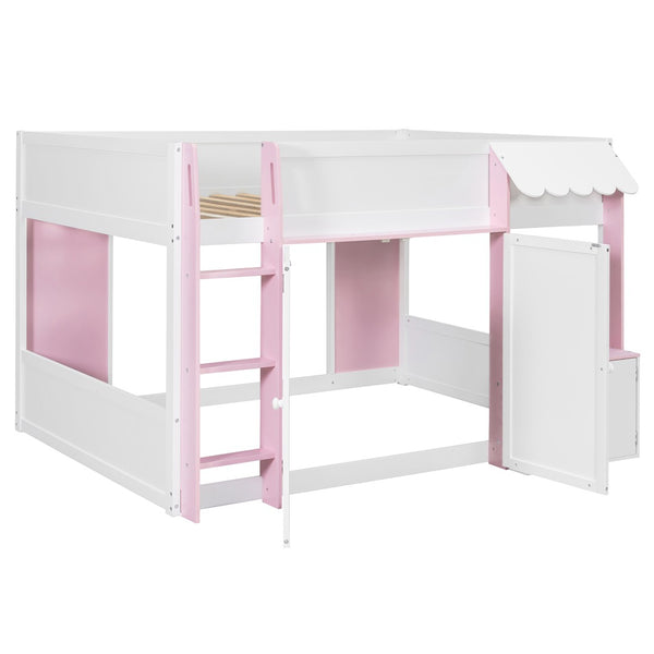 English Elm Twin House Loft Bed with Pull Out Rolling Desk Stair Drawers and Cabinet Storage N820S00074H