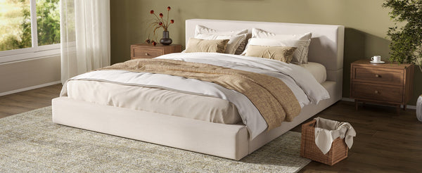 English Elm King Linen Upholstered Bed Frame with Thick Padded Headboard and Solid Wood Legs N757K404834I