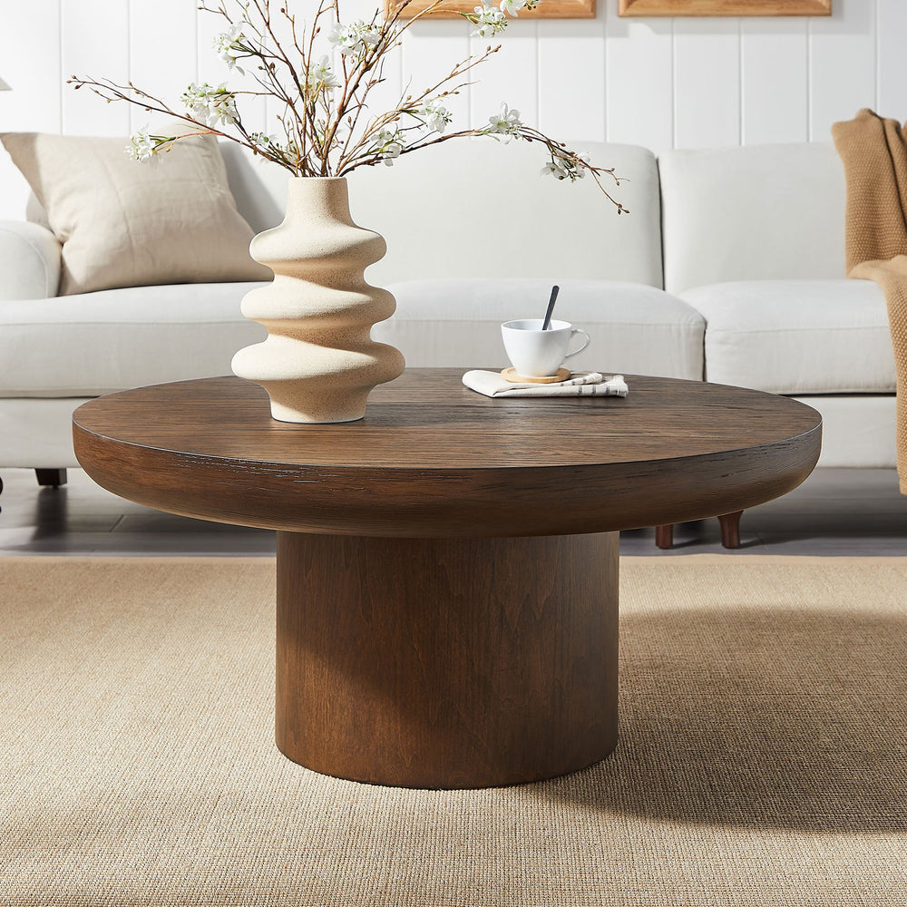 English Elm 35.98inch Round Coffee Table with Oak-Texture Legs and Thick Wood Veneer Top for Living Room Stylishly Low-Profile Modern Design Black W2582S00095