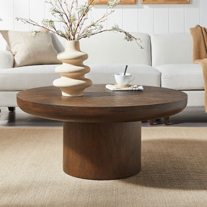 English Elm 35.98inch Round Coffee Table with Oak-Texture Legs and Thick Wood Veneer Top for Living Room Stylishly Low-Profile Modern Design Dark Brown W2582S00096