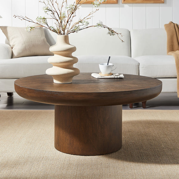 English Elm 35.98inch Round Coffee Table with Oak-Texture Legs and Thick Wood Veneer Top for Living Room Stylishly Low-Profile Modern Design Dark Brown W2582S00096