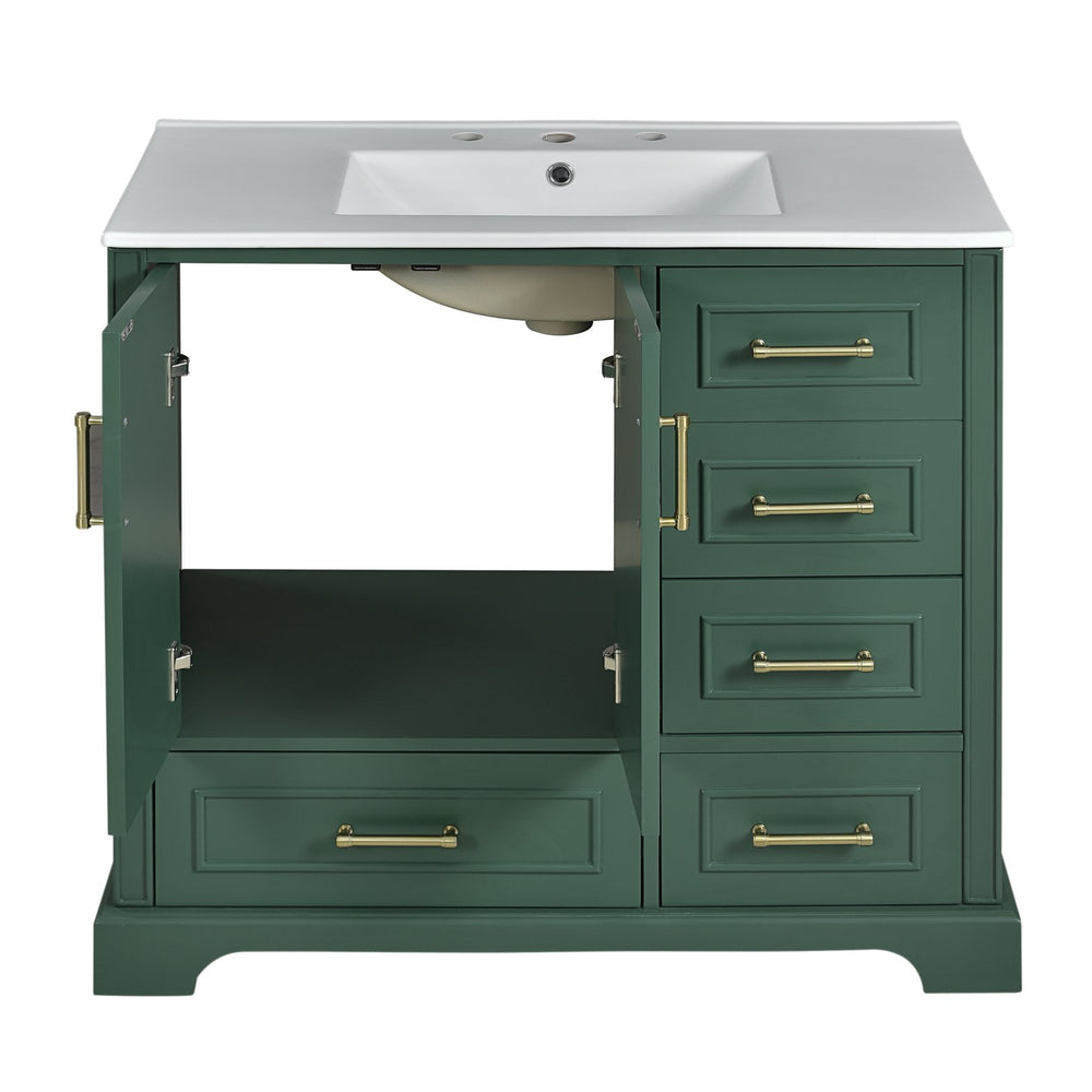 English Elm 36" Traditional Bathroom Vanity with Ceramic Sink, Solid Wood Cabinet, Soft-Close Doors & Drawers Green N729P251630F