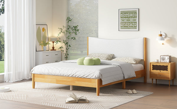 English Elm Queen Solid Rubber Wood Bed with Teddy Velvet Upholstered Headboard, Beech White Finish, Space-Saving Design W504P368764