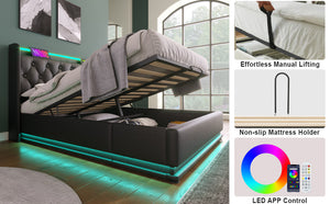 English Elm Queen Upholstered Bed with Surround LED, App/Remote Control, Hydraulic Storage, USB Type-C Charging Black N736P188807B