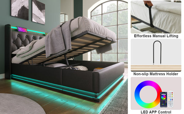 English Elm Queen Upholstered Bed with Surround LED, App/Remote Control, Hydraulic Storage, USB Type-C Charging Black N736P188807B