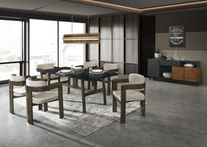 English Elm Destin 8PC Dining Set with Ceramic & Tempered Glass Top, Walnut Frame, Light Gray Microfiber Chairs B2726S00364