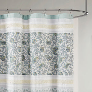 JLA Home Madison Park - Cotton Paisley Shower Curtain with Pin-Tucks and Lace Trim, OEKO-TEX Certified, 72x72 Inches Aqua MP70-2493