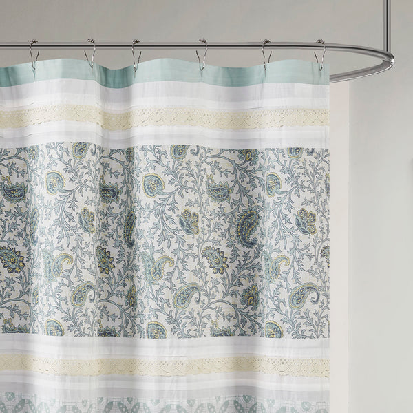 JLA Home Madison Park - Cotton Paisley Shower Curtain with Pin-Tucks and Lace Trim, OEKO-TEX Certified, 72x72 Inches Aqua MP70-2493