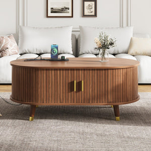 English Elm [Assembly Fluted Tambour Coffee Table with 360° Sliding Door, Built-In Charging Station & Mid-Century Flair Walnut N721P297572D
