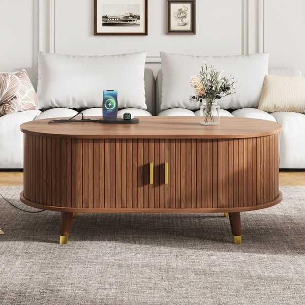 English Elm [Assembly Fluted Tambour Coffee Table with 360° Sliding Door, Built-In Charging Station & Mid-Century Flair Walnut N721P297572D
