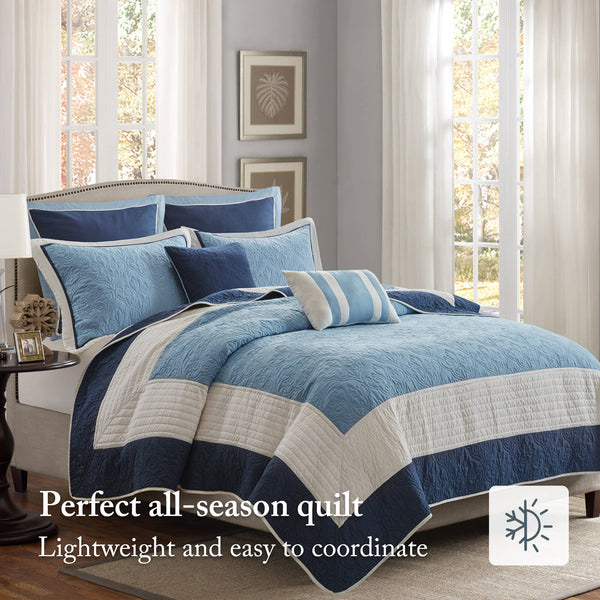 JLA Home Madison Park - 7 Reversible Quilt Set with Euro Shams and Pillows — Soft Microfiber, Woven Texture, Cozy Neutral Accent Navy MP13-8806
