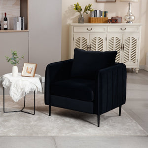 English Elm Accent Velvet Armchair Mid-century Modern Plush Seat with Metal Legs for Any Room Black W3244P325834