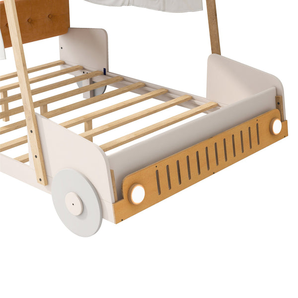 English Elm Wood Full Size Car Bed with LED Night Lights, Pine Frame, Imaginative Canopy & Cozy Pillow (Natural) WF309289AAM